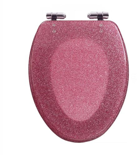 Abattant WC allongé Rose à Paillettes avec charnières réglables à 360°, Facile à Installer et à Nettoyer, abattant WC allongé en résine à Fermeture Douce