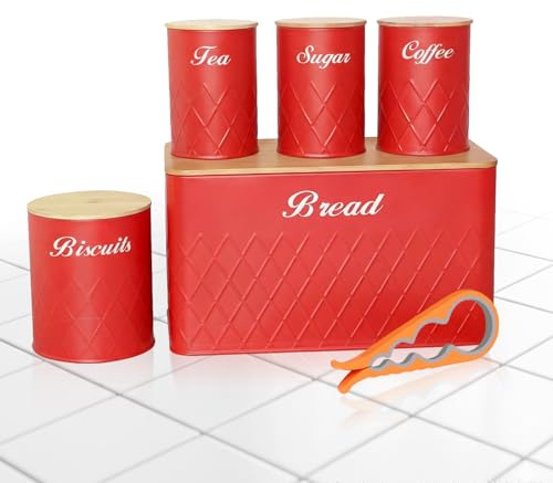 Kitchen Storage Canister Set, 5 Piece Airtight Bamboo Lid Food Jars (Red) | Tea Coffee Sugar Canister Set, Can Opener Included, Round Biscuit Jars, Kitchen Counter Organization