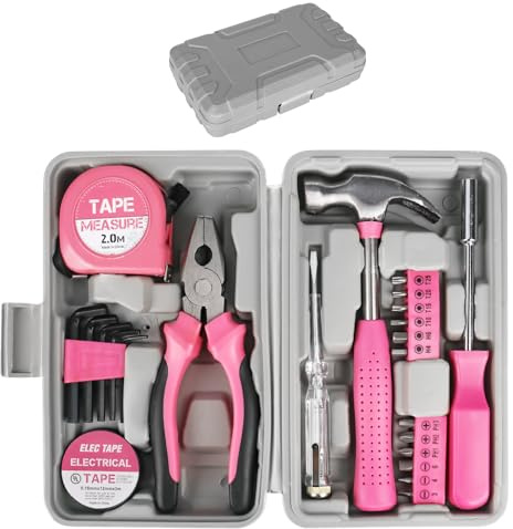 Hbzunt 24 Pcs Pink Tool Kit, Household DIY Tool Kit Small Tool Kit, Starter Basic Ladies DIY Tools for Home & Office