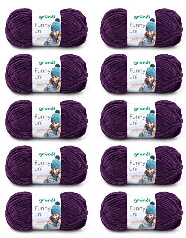 Gründl Wolle Funny uni Chenille Wolle 10 Knäuel 100 g, Aubergine | weiche Chenille Wolle zum Häkeln - Kuschelig und hautfreundlich - 100 % Polyester - 100 g / 120 m - Nadelstärke 5 - 6