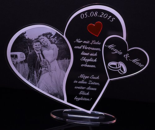 Acryl Schild in Herz Form Hochzeitstag mit Foto-Lasergravur, Geschenk, 205 mm x 170 mm (Hochzeitsschild mit Fotogravur)