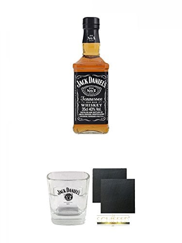 Jack Daniels Black Label No.7 0,35 Liter + Jack Daniels No. 7 Glas mit Eichstrich 2 und 4 cl 2 Stück + Schiefer Glasuntersetzer eckig ca. 9,5 cm Ø 2 Stück
