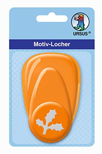 Ursus 19480029 - Motivlocher mit Hebel mittel, Ilex Blatt, orange, ausgestanztes Motiv ca. 25,4 mm, aus Kunststoff mit Metallstanze, geeignet für Grammaturen von 160 220 g /qm