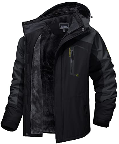 MAGCOMSEN Warm Hiking Jacket Waterproof Jackets Mens Winter Coat Windproof Hoodies Jacket Ski Jacket Mens Snowboarding Jacket Cold Weather Jacket Men Hoodies Black Grey