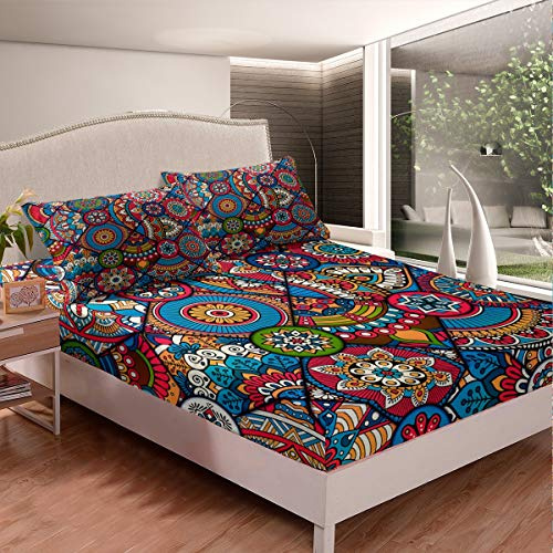 Loussiesd Boho Mandala Bettlaken Set Böhmischer Stil Spannbetttuch 160x200cm Für Kinder Frauen Bunte geometrische Spannbettlaken Abstrakte Kunst Bettdecke Dekorative Exotische Blumen 3St
