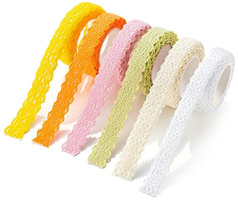 6 Rollen farbe Spitzenband Selbstklebend Beige Weiß Gelb Orange Rosa Grün Vintage Dekoband Spitze Bänder Bordüre Spitzenbort Stoffband Selbstklebend für Hochzeitseinladungen Alben,Flaschen vielem