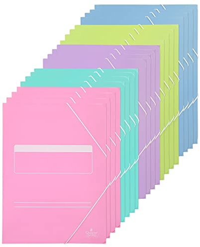 Quijote Paper World Carpetas de cartón - Pack de 20 carpetas con solapas y goma elástica, tamaño A4, 5 colores pastel