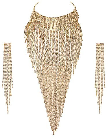 EVER FAITH Quaste Schmuckset Funkelnder Strass Kostüm Statement Schmuck klobiger Kragen Halskette, langes Kronleuchter Ohrring Set Klar AB Silber-Ton
