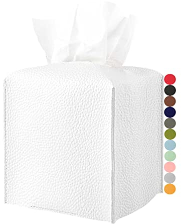JESMINI Porta fazzoletti bianco - Scatola quadrata in pelle con cintura inferiore, porta fazzoletti decorativo per casa e ufficio moderno