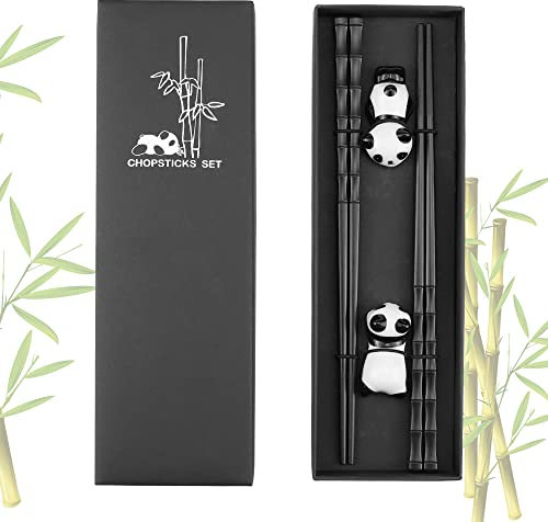 DXLing 2 Pares de Palillos de Fibra de Vidrio Palillos de Reutilizables Antideslizante con Soporte de Cerámica para Palillos de Panda Lindo Juego de Regalo Chino Palillos para Vajilla Asiática