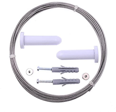 DécoProfi Seilspannsystem TORRE Messing Weiß lackiert Gardinenstange Seil 5m Edelstahl (Nirosta) / Silberfarben I Vorhang/Gardine Seilspanngarnitur Edelstahl I Halterungen/Befestigung Seilsystem