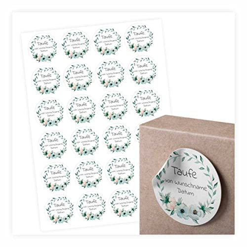 24 Stück Aufkleber zur Taufe - Personalisierte Aufkleber mit Namen und Datum für die Geschenke Ihrer Gäste - 4,5 cm Runde Papieraufkleber Etiketten (Blumen)