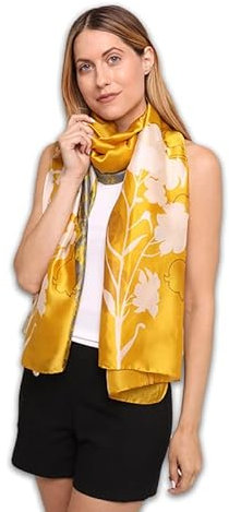 Trillion London® Seidenschal | Langer Schal für Damen | leichte Damen-Schals | Schal Wraps | geeignet für den Alltag, Senf-Blumenmuster, Large