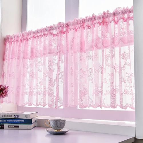 Devola Scheibengardine mit Blumen Kurzgardine Landhaus mit Spitze Kurzstore Gardinen Bistrogardine Transparent Kurze Vorhänge Landhausstil Küchenvorhang BxH 100x60cm Rosa 1 Stück