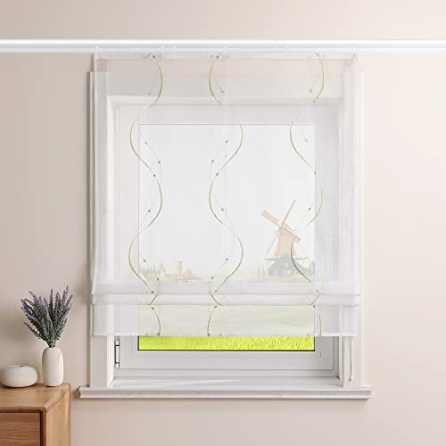 CORLIF Raffrollo Landhaus Raffgardine Küche Modern Bändchenrollo Leinenoptik mit Wellenmuster Transparente Rollos Kurz Fenster Schal mit Klettband B/H 80/140 cm Grün