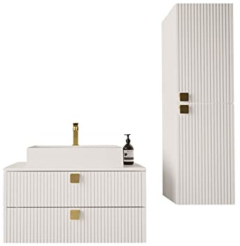 Mirjan24 Badezimmer Badmöbel Set Grentis III mit Waschbecken und Siphon, Unterschrank Hochschrank Waschtisch Hängeschrank Waschtischunterschrank (Weiß)