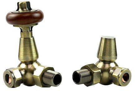 VANCOCO Traditional Corner Radiator Valves 1/2×15mm, Brass Thermostatic Radiator Valve, Cast Iron Antique Thermostat Radiator Thermostat TRV Pair with Solid Wood Handwheel (Antique Brass)