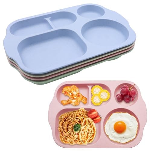 4Pcs Assiettes 5 Compartiments Assiettes Divisées Assiette Compartiment Adulte Assiettes Menu Plastique Reutilisable Sans BPA Passe Au Micro-Ondes Et Au Lave-Vaisselle pour Enfants Adultes (30*20cm)