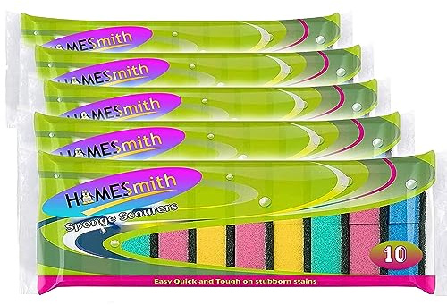 HOMESmith Lot de 5 Paquets de 10 éponges Double Face absorbantes, Anti-Rayures, réutilisables, en Mousse, Couleurs mélangées