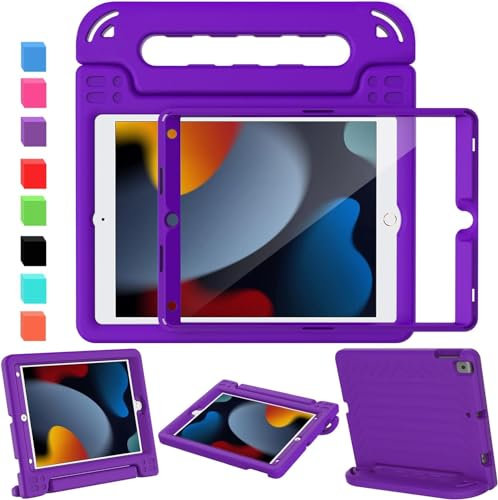SINSO Kids Case for iPad 10.2 9th, 8th & 7th Generation (2021/2020/2019) With Screen Protector - Shockproof Cover, Handle Stand, Purple