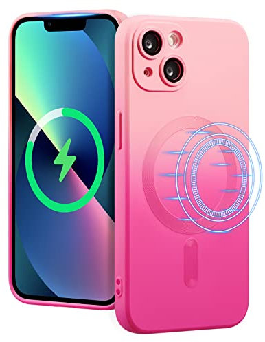 UEEBAI Magnetic Case for iPhone 15 Plus, Bi-color Case Compatible with MagSafe Charger Silicone Cover with Camera Lens Protector Soft Silicon Phone Case - Pink Red