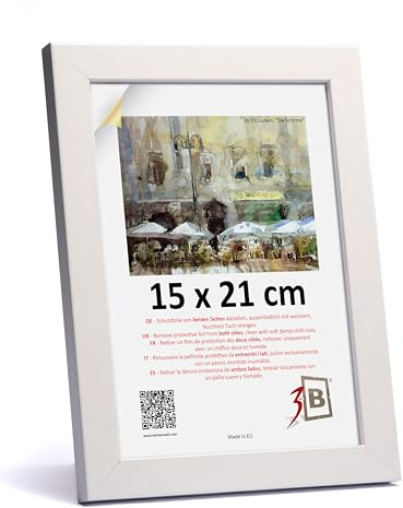 3-B Bilderrahmen HIT - Weiß - 15x21 cm (A5) - Holzrahmen, Fotorahmen, Dokumentenrahmen mit Acrylglas