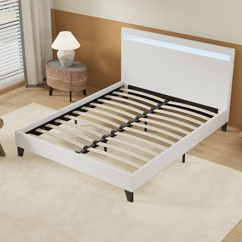 NOVEMBER- Lit avec sommier & Tête de lit LED - 140 x 190cm - Revêtement synthétique Blanc - Stable et Robuste avec Pieds centraux de Renfort