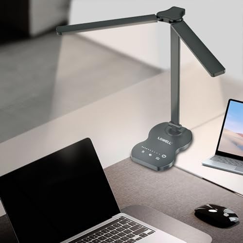 LQWELL® Doppelkopf-Schreibtischlampe LED Dimmbar, Doppelschwingarm-LED-Tischlampe 5 Farben und 10 Helligkeitsstufen Augenfreundliche Leselampe mit USB-Aufladung Touch-Steuerung & Memory Timer