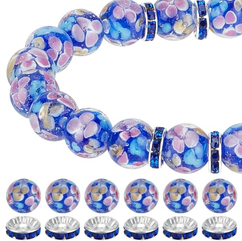 GOMAKERER 20pcs 12mm Perles de Verre de Fleur au Chalumeau Bleu Nuit avec 20pcs Perles D'Espacement en Strass Pavé Perles de Fleurs Perles Rondes pour Fabrication de Bijoux