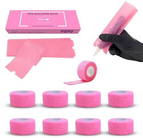 EZ Tattoo Maschinenabdeckungen mit Griffbändern - 9 Stück (2.5cm x 4.5m) Tattoo Grip Tapes with 200 Stück (5cm X 16cm) Rosa Disposable Tattoo Stift Maschinenabdeckungen