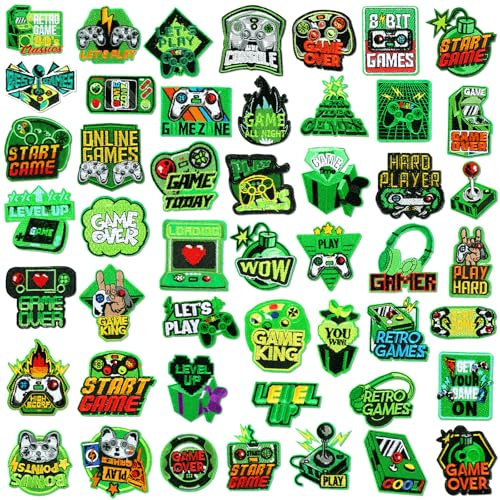 Hotop 48 Pcs Video Game Embroidery Patches Green Pixelated Gaming Sew Iron on Embroidered Applique Iron on Patches Repair Patches for Clothes Green Iron on Patches Stick on Patches for Boys Gamer Fans