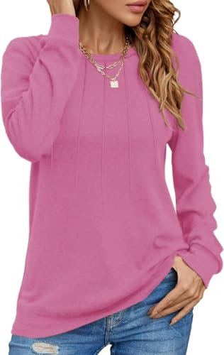 Damen Pullover Lässig Langarmshirt Elegant Herbst Winter Rundhals Sweatshirt Langarm Shirts Loose Plissee Oberteile Rosa XL