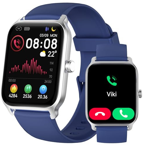 Smartwatch Damen Herren mit Telefonfunktion & Alexa, 1,8 Fitnessuhr mit Herzfrequenz SpO2 Stress Schlafmonitor, Schrittzähler Uhr, 100 Sportmodi, IP68 Wasserdichte Sportuhr für Android iOS Blau