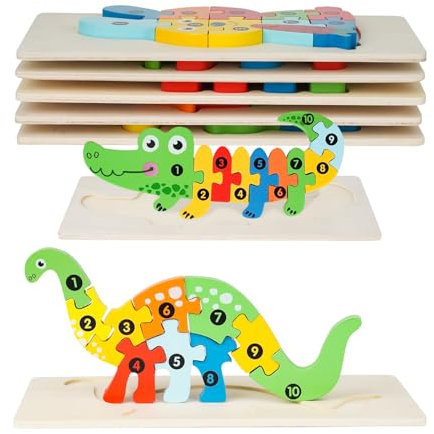 Aokelily 7 päckchen Stück Holzpuzzles, für Kleinkinder von 2-7 Jahren, Hölzerne Dinosaurier Puzzles für Kleinkinder, Geschenk für 2-7 jährige Jungen und Mädchen (Animal)