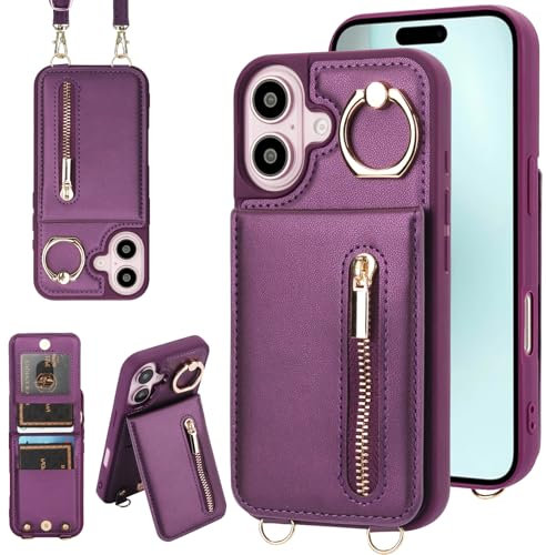 Jcxtrombulous Crossbody Wallet Case for iPhone 16 with Lanyard Strap Card Slot Holder [RFID Blocking] 360° Kickstand,Magnetic Flip Folio Zipper Purse Case, PU Leather Cover Handbag,Deep Purple