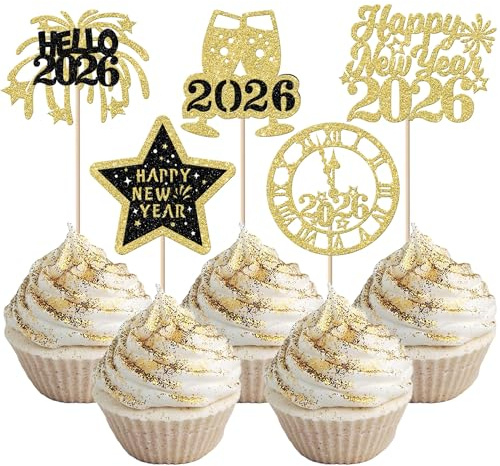 30 Stück Happy New Year 2026 Cupcake Toppers Glitzer Hello 2026 Tortendeko Prost auf 2026 Kuchen Deko Willkommen 2026 Kuchen Dekoration für 2026 Frohes Neues Jahr Party Torten Dekoration Gold Schwarz