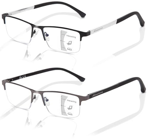 Amorays 2 Pack Gleitsichtbrille Progressive Multifokus Lesebrille Herren ，Anti-Blaulicht Lesebrillen Halbrahmen Metall mit Federscharniere Gleitsicht Arbeits Lesehilfe 8007(Schwarz+ Gunmetal，+2.50)