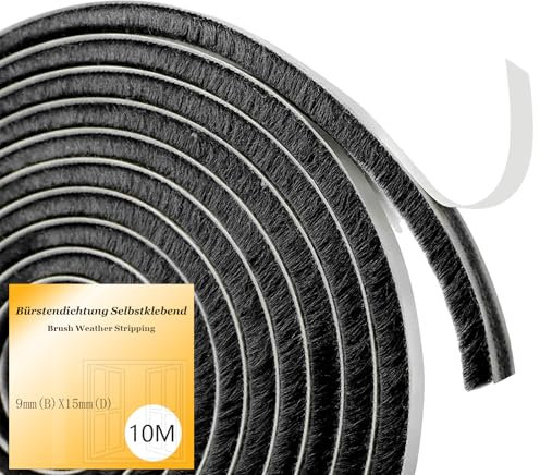 10M Bürstendichtung Selbstklebend, 9 mm(B) x 15 mm(D),Bürstendichtung für Rolladen,Schiebetür,Fenster,Tür,Kleiderschränk,Türdichtung Bürsten,Insektenschutz