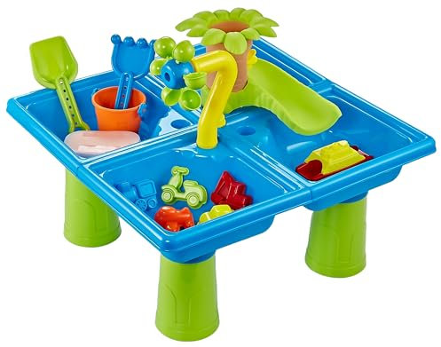 Kids Sand and Water Table – 24 Piece Sensory Activity Play Set for Toddlers Aged 18 Months+ Outdoor & Indoor Beach Toy with Moulds, Water Wheel, Slide, Scoop, Bucket & Sand – 45cm x 45cm x 22cm