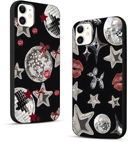 Zrutru 2 Pack Cool Y2K Phone Case for iPhone 11 6.1,Y3K Cute Stars Kawaii Bow Cases Lips Print Disco Ball Red Ribbon Pattern Cover,Black Slim Protection Funda for Women Teens for iPhone 11