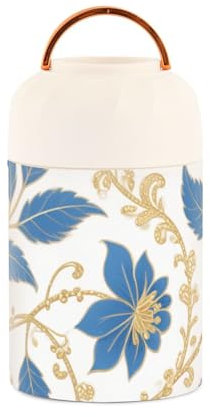 siphylline Tarro de comida para niños con diseño de hojas de flores azules y doradas, de acero inoxidable, aislado al vacío, con cuchara para pasta infantil, 17 onzas