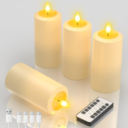 Yme 4er Set LED Kerzen Aufladbar mit Auspust-Funktion & Fernbedienung, Flackernd Wiederaufladbare Stumpenkerzen mit Timer & USB-C Kabel für Home Zimmer Halloween Weihnachten Party Deko & Ambiente