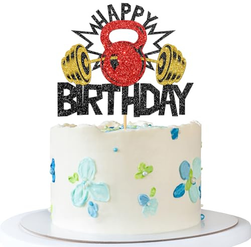 Weightlifting Happy Birthday Cake Topper Dumbbell - Gym Sport Enthusiast Cake Supplies - Fitness Bday Party Decorations - Black Glitter