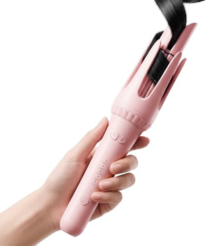 Dyhoo Auto Curling Iron 1.25 Inch, Rotating Hair Curler for Beach Waves, AutomaticHair Curler with Anti-Scald & Anti-Tangle, Ceramic Curling Wand for Long Hair, Dual Voltage, Pink