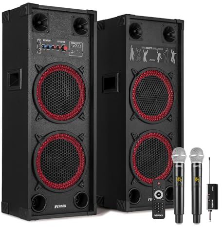 Fenton SPK-210 Bluetooth Karaoke Speaker System - 1200W Party Speaker Set with Dual 10 Woofers, Wireless Microphones, Echo Control, USB/SD Media Playback - Portable Karaoke Machine for Adults