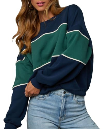 LACOZY Womens Oversized Color Block Sweatshirt Striped Long Sleeve Pullover | Autumn Winter Sweatshirts, Loose Crewneck Top, Trendy Casual Lightweight Blouse, Drop Shoulder Sweater, Going Out Clothing