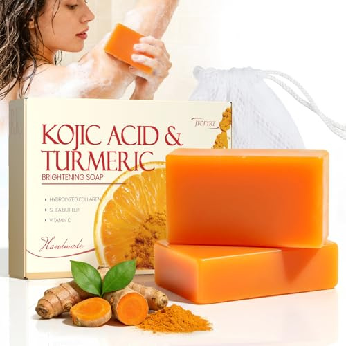 Kojic Acid Soap: Turmeric Soap for Dark Spots Fresh Citrus Scent Gentle Vitamins C for Face and Body Dark Spot Acne Blackheads Remover for Even Skin Tone 2PCS 100g x 2