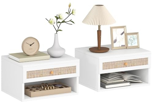 HOMCOM Set mit 2 schwebenden Nachttischen zur Wandmontage, mit Rattan-Schublade und offenem Regal, Nachttische im nordischen Stil, für Wohnzimmer, 40 x 34 x 23 cm, Weiß