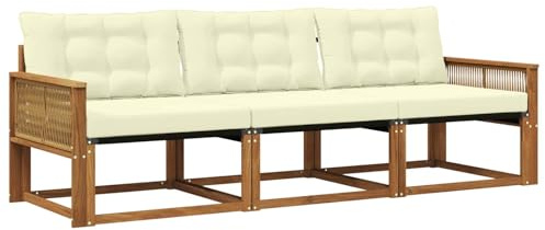 vidaXL Outdoor-Sofagarnitur mit Kissen 3 pcs Natur und Creme, Outdoor Sofa, Gartenmöbel, modernes Ecksofa, Terrasse Lounge, komfortable Sitzgelegenheit