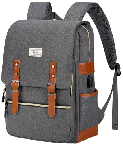 Ronyes Vintage Laptop Backpack for Women Men,15.6 inch Bookbag Casual Daypack with USB Charging Port for College Work, Grey Backpacks